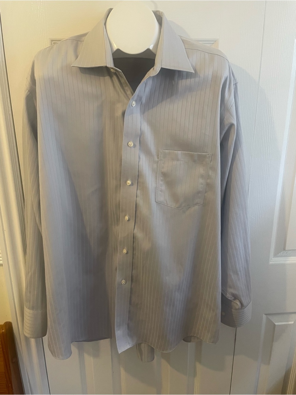 Men's Light Gray Pinstripe Dress Shirt - Long Sleeve with Chest Pocket